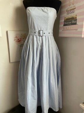 a new day Strapless Light Blue & White Pinstripe Midi Dress with Belt